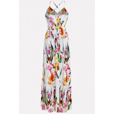 Floral Wrap Crisscross Back V Neck Casual Maxi Dress