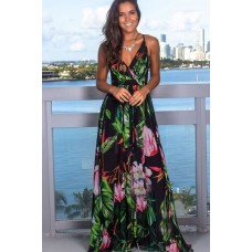 Green Floral Wrap Crisscross Back V Neck Casual Maxi Dress