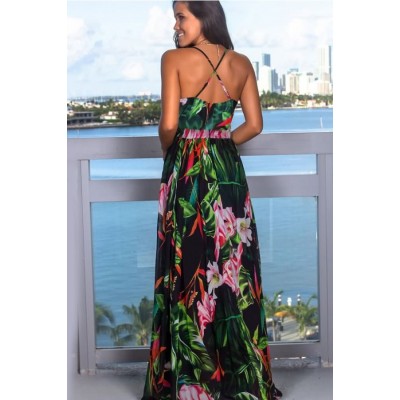 Green Floral Wrap Crisscross Back V Neck Casual Maxi Dress