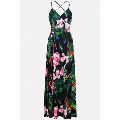 Green Floral Wrap Crisscross Back V Neck Casual Maxi Dress