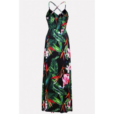 Green Floral Wrap Crisscross Back V Neck Casual Maxi Dress