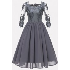 Gray Lace Chiffon Fit Flare Sexy A Line Formal Dress