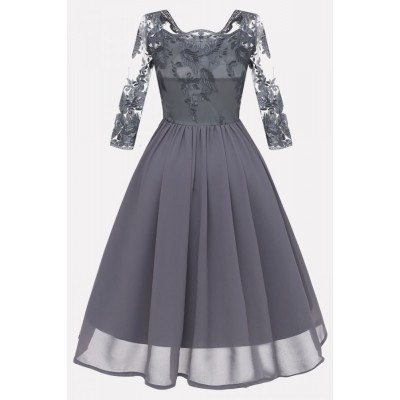 Gray Lace Chiffon Fit Flare Sexy A Line Formal Dress