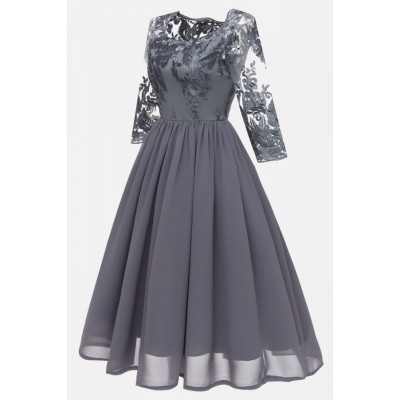 Gray Lace Chiffon Fit Flare Sexy A Line Formal Dress