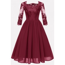 Dark-red Lace Chiffon Fit Flare Sexy A Line Formal Dress