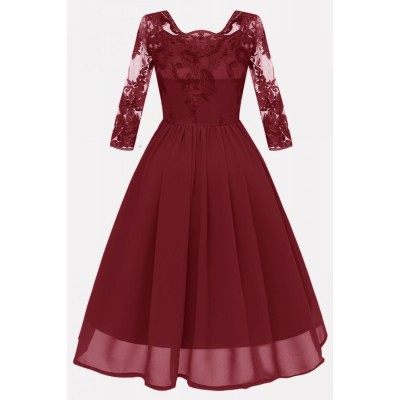 Dark-red Lace Chiffon Fit Flare Sexy A Line Formal Dress