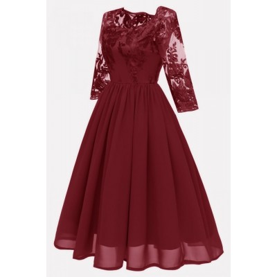 Dark-red Lace Chiffon Fit Flare Sexy A Line Formal Dress