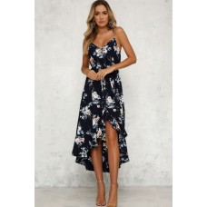 Black Floral Ruffles Hem High Low Casual Dress