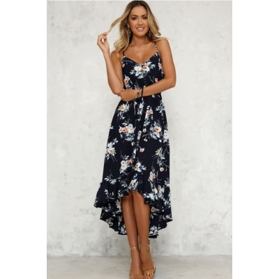 Black Floral Ruffles Hem High Low Casual Dress