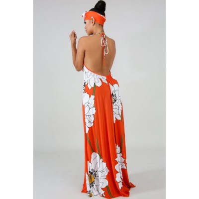 Coral Floral Halter Backless Casual Maxi Dress