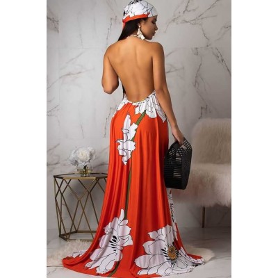 Coral Floral Halter Backless Casual Maxi Dress