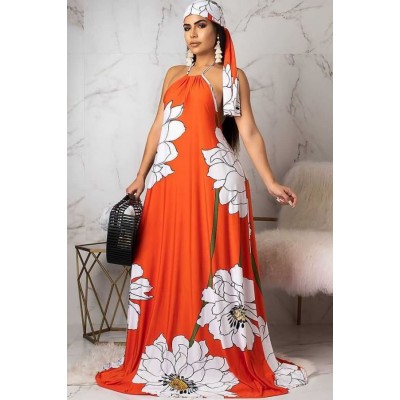 Coral Floral Halter Backless Casual Maxi Dress