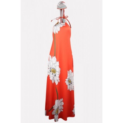 Coral Floral Halter Backless Casual Maxi Dress