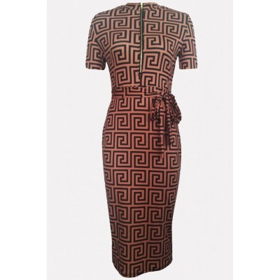 Brown Tribal Zipper Short Sleeve Tied Sexy Bodycon Dress