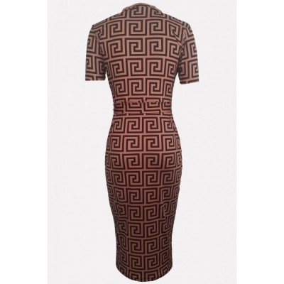 Brown Tribal Zipper Short Sleeve Tied Sexy Bodycon Dress