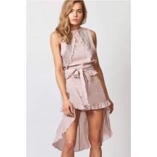 Pink Sleeveless Tied Ruffles Trim Sexy High Low Dress