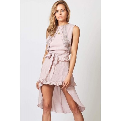 Pink Sleeveless Tied Ruffles Trim Sexy High Low Dress