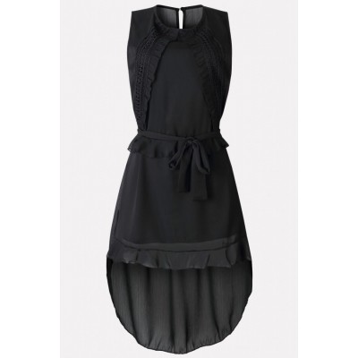 Black Sleeveless Tied Ruffles Trim Sexy High Low Dress