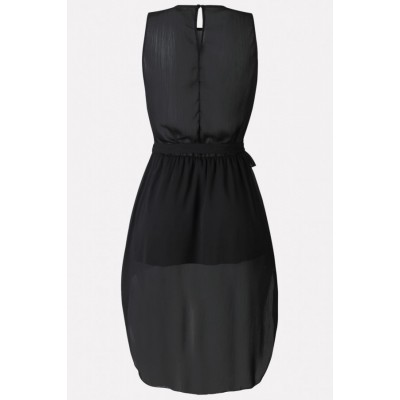 Black Sleeveless Tied Ruffles Trim Sexy High Low Dress