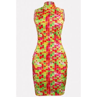 Orange Patch Rhinestone Sleeveless Sexy Bodycon Dress