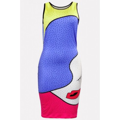 Rhinestone Color Block Figure U Neck Sexy Bodycon Dress