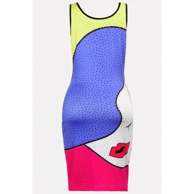 Rhinestone Color Block Figure U Neck Sexy Bodycon Dress