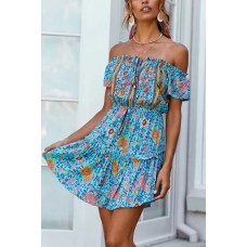 Floral Off Shoulder Drawstring Ruffles Sexy Dress