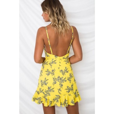 Yellow Floral Spaghetti Straps Ruffles Sexy Overlap Dress