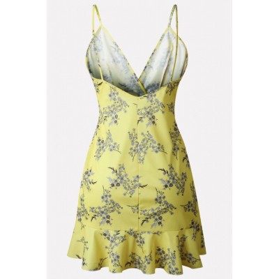 Yellow Floral Spaghetti Straps Ruffles Sexy Overlap Dress