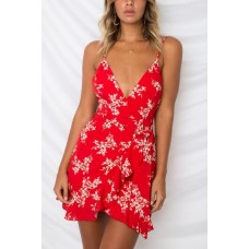 Red Floral Spaghetti Straps Ruffles Sexy Overlap Dress