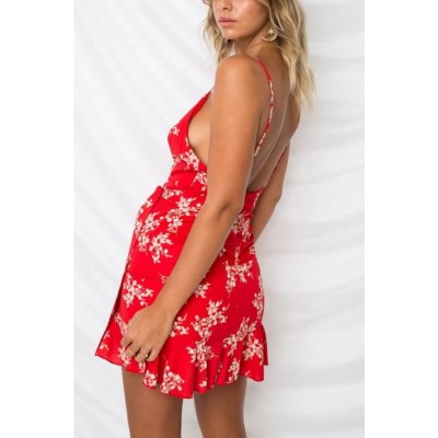 Red Floral Spaghetti Straps Ruffles Sexy Overlap Dress