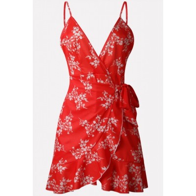 Red Floral Spaghetti Straps Ruffles Sexy Overlap Dress