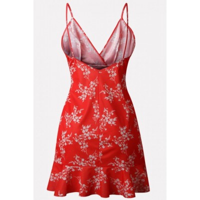 Red Floral Spaghetti Straps Ruffles Sexy Overlap Dress