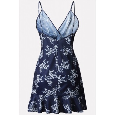 Dark-Floral Spaghetti Straps Ruffles Sexy Overlap Dress